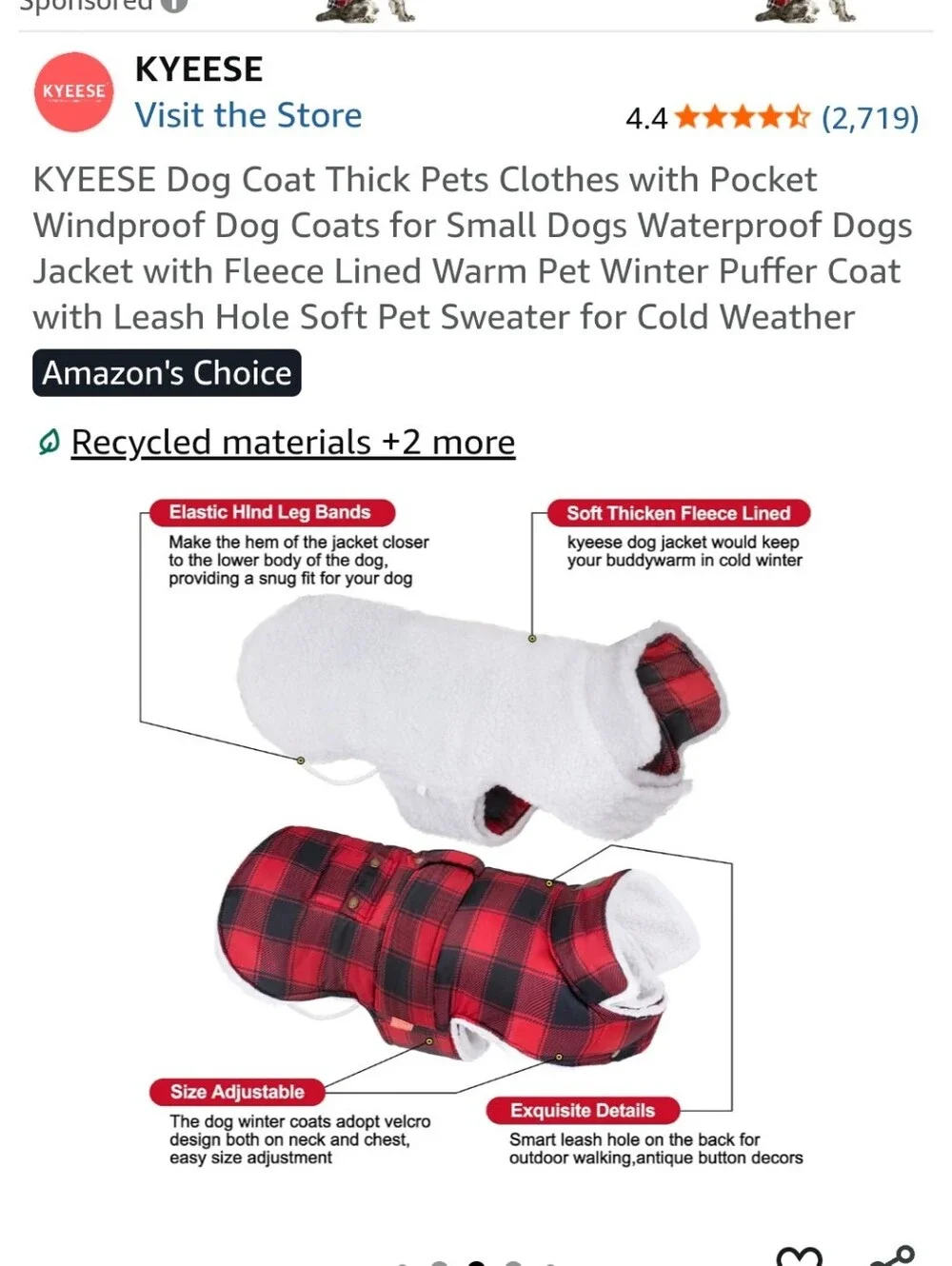 Kyeese Red Plaid Waterproof Dog Coat with Fleece Lining Very Warm New Size Large